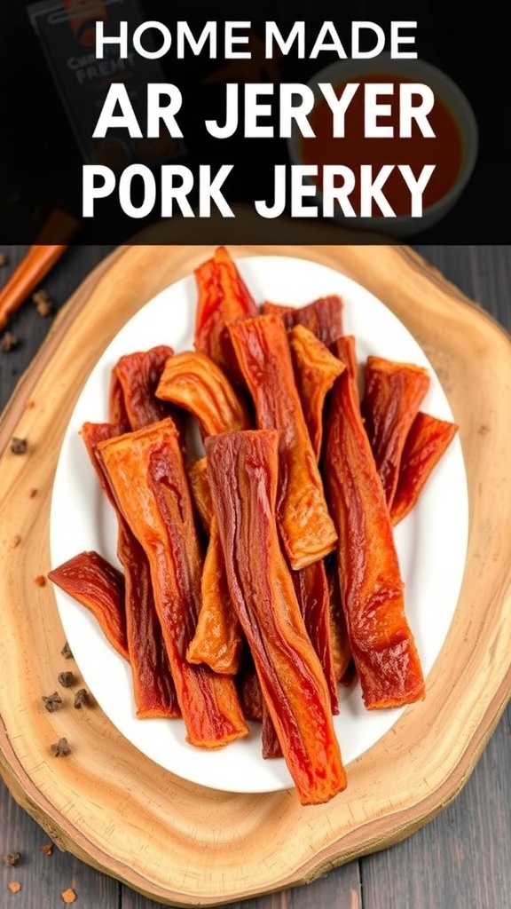 Air Fryer Pork Jerky Recipe Homemade air fryer pork jerky on a wooden board with spices and dipping sauce.